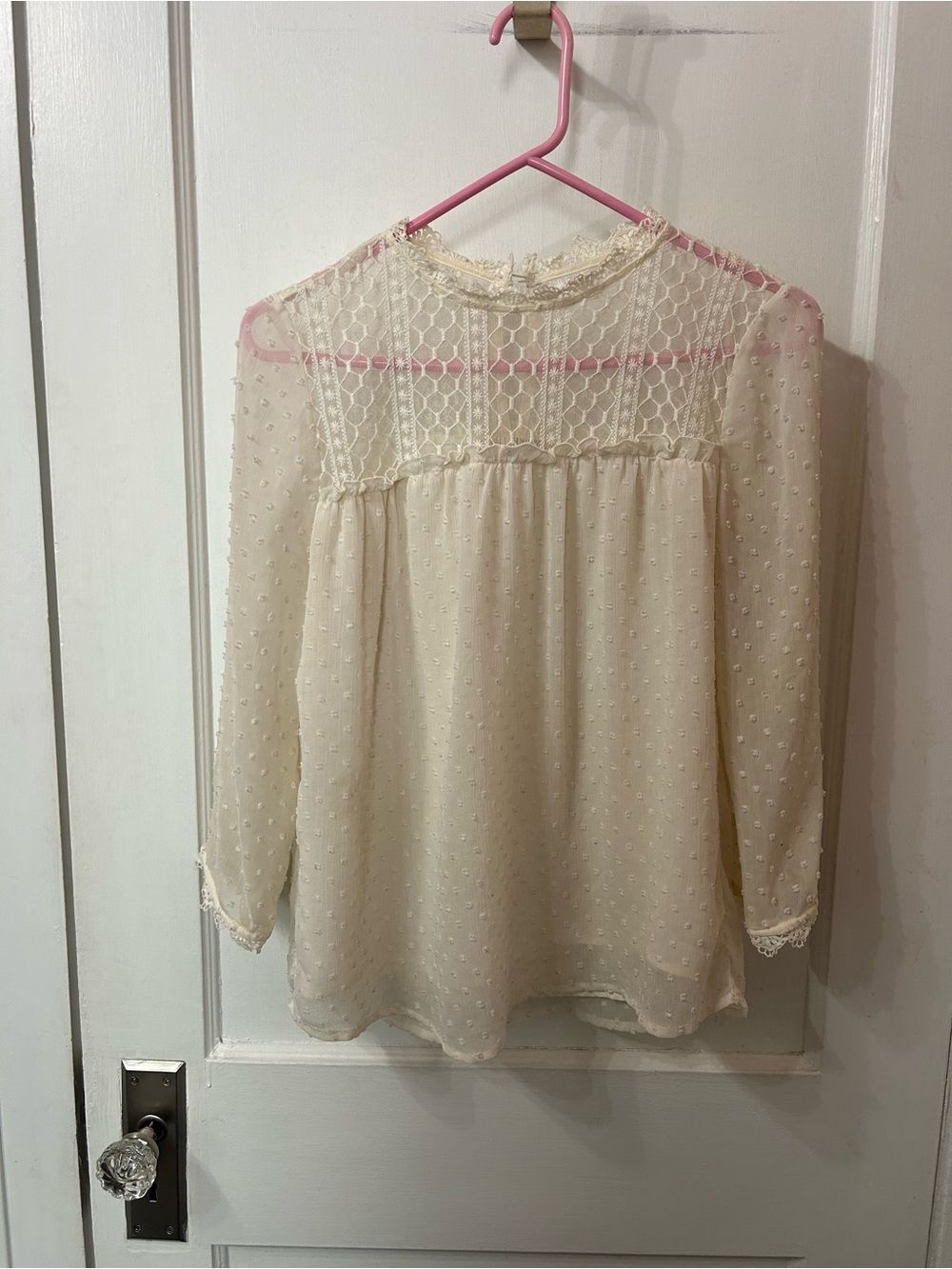 Women's Cream Swiss Dot Lace Yoke Blouse